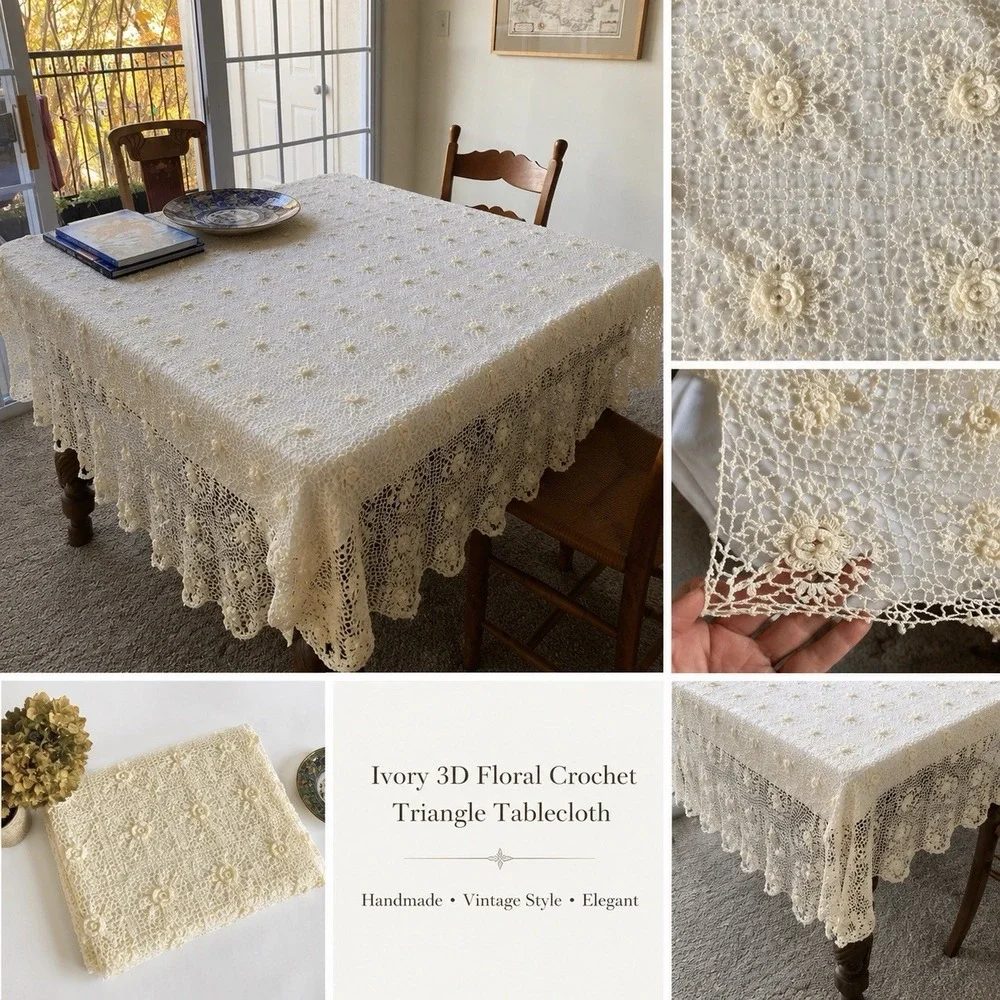 Vintage Crochet Tablecloth Triangular Cream Floral Victorian Shabby Chic